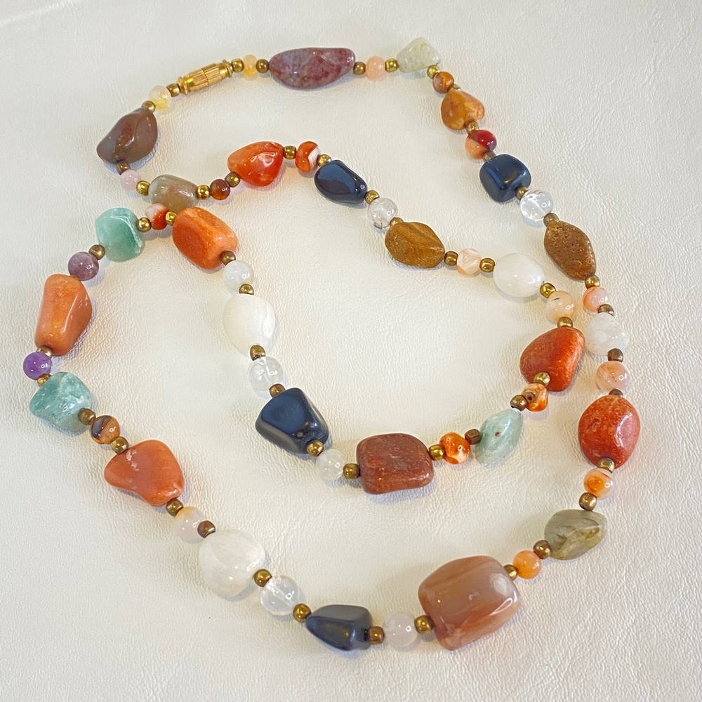 Vintage Natural Multi Gemstone Bead Necklace Tumbled Stone Boho 28" Barrel Clasp